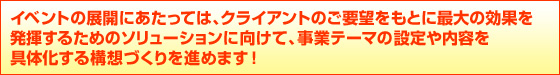 イベントの展開にあたっては、クライアントのご要望をもとに最大の効果を
発揮するためのソリューションに向けて、事業テーマの設定や内容を
具体化する構想づくりを進めます!
